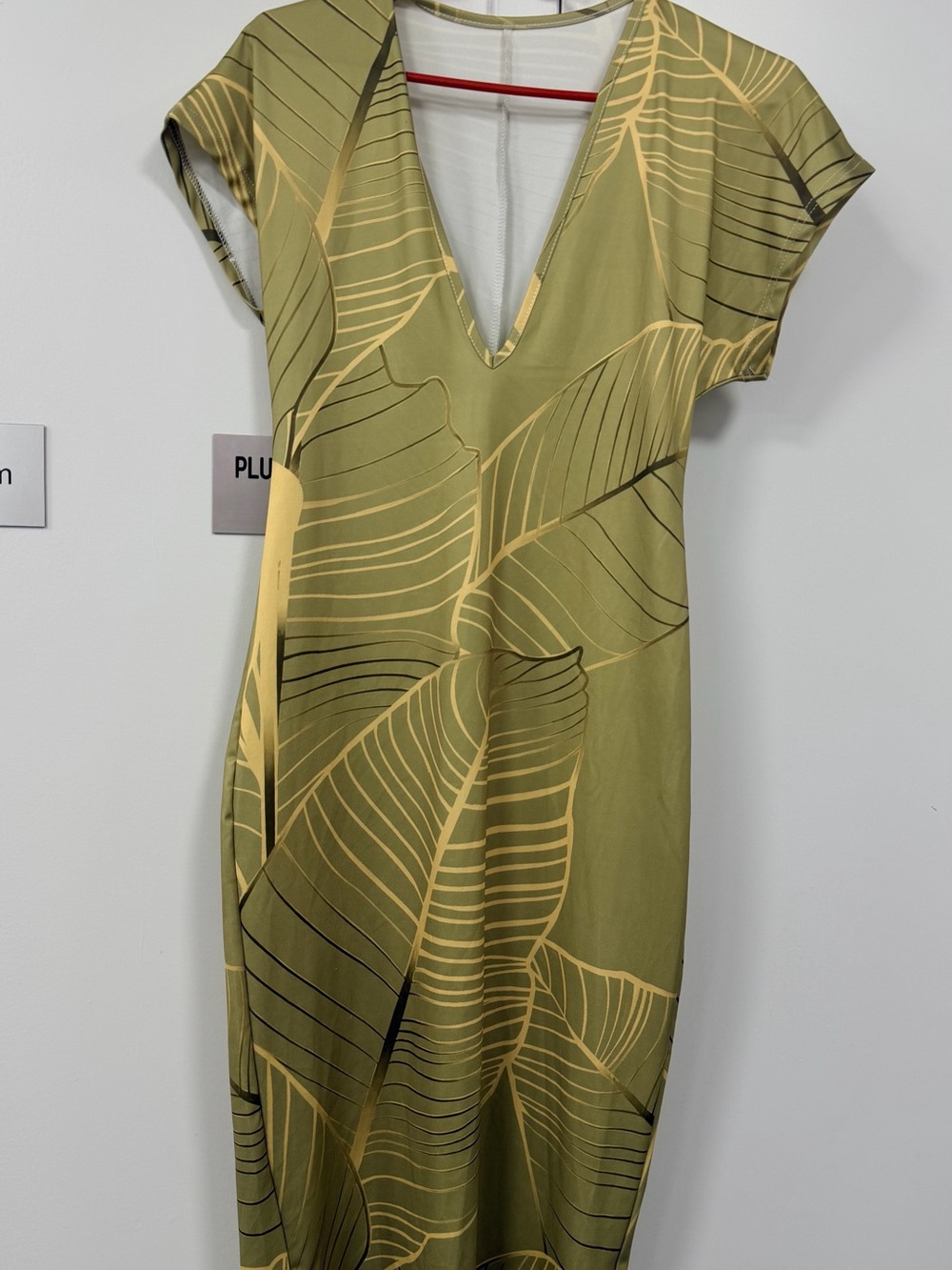 Olive Green Leaf-Print V-Neck Dress